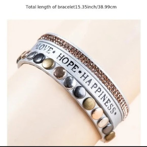 Glamorous Boho PU Leather Bracelet with LOVE HOPE HAPPINESS and Rhinestones - Picture 2 of 2